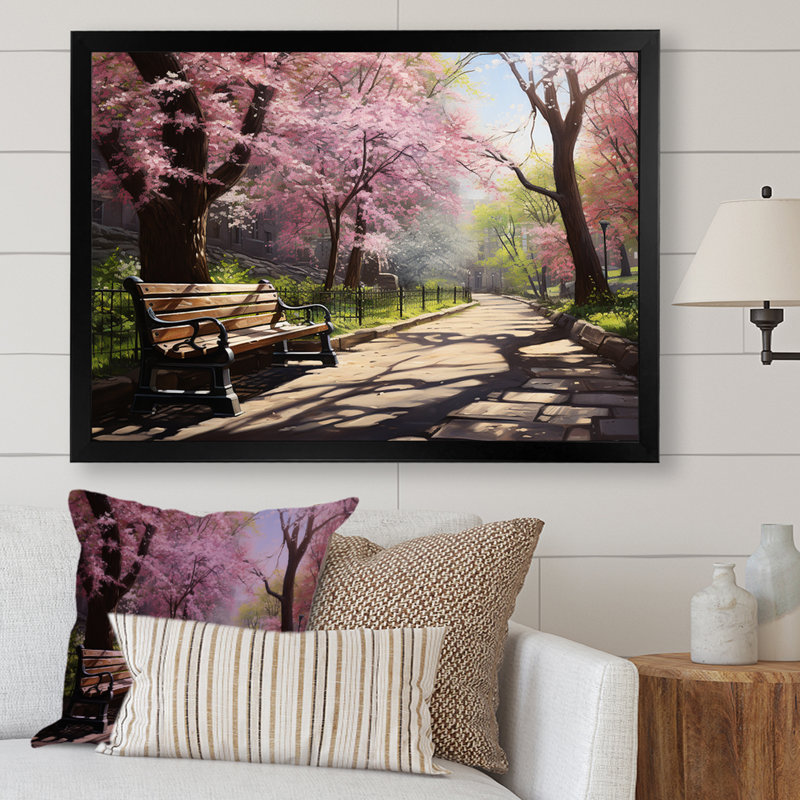 «Pink Springtime Park Floral Canopy III», art mural sur toile, Cadre d'angle fermé noir, H 12 po x l 20 po x P 1 po