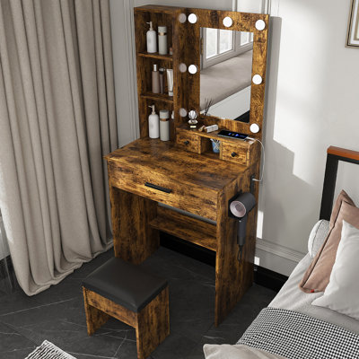 Table de coiffeuse avec miroir et lumières DEL réglables, prise de courant, support pour séchoir à cheveux et tabouret - coiffeuse compacte pour petites chambres à coucher (rétro)
