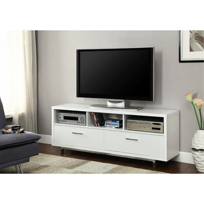 Élégante meuble télé blanc de 60 po avec 2 grands tiroirs inférieurs et 3 tablettes ouvertes à la mode