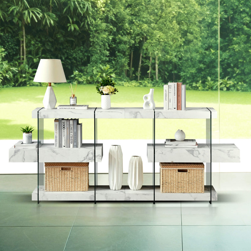 32" Length Narror Console Table with 3-Tier Shelves and a Hidden Drawer, Modern Entryway Table with Tempered Glass Frame