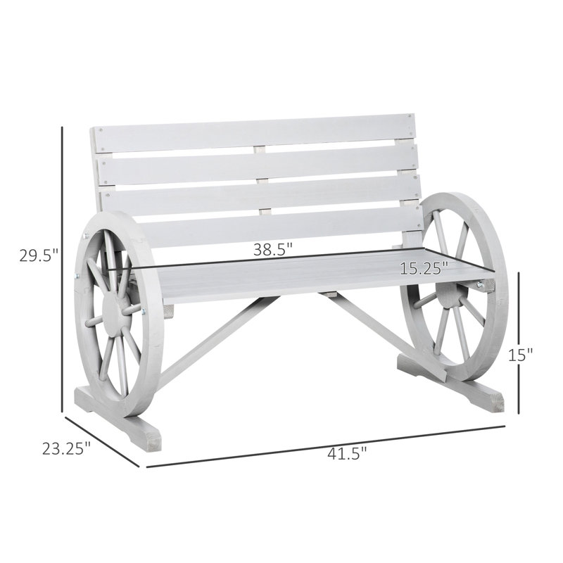 Rustic 2 Bench For Patio - 41" Wooden Wagon Wheel, Gray, Weather , Solid Fir Wood With And Slatted Seat In Style, Resistance, , Seat, Construction