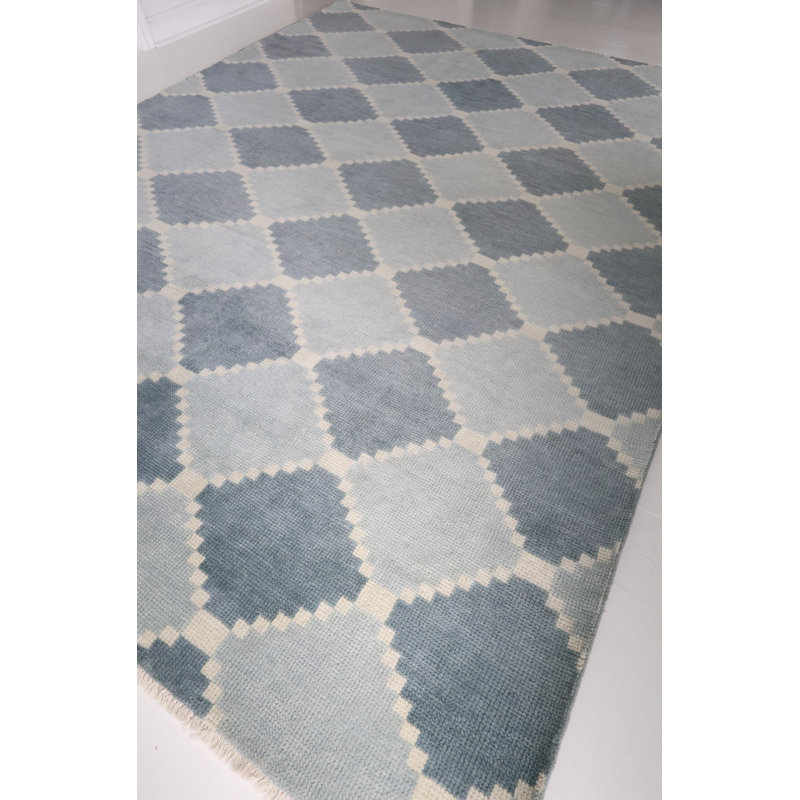 Sadie Handmade Oushak Wool Geometric Area Rug, Blue Mist, 3' x 12'