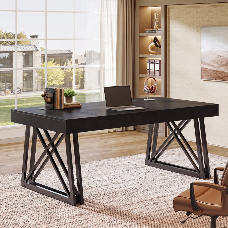 63-inch Executive Office Desk Large Computer Desk With Sturdy Metal Base, Black