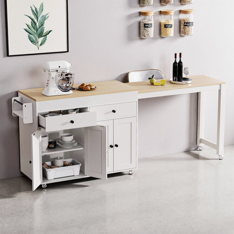 74.5" Grey Kitchen Island with Expandable Table | 7 Wheels, Spice Rack & 4-Door Storage, Off White
