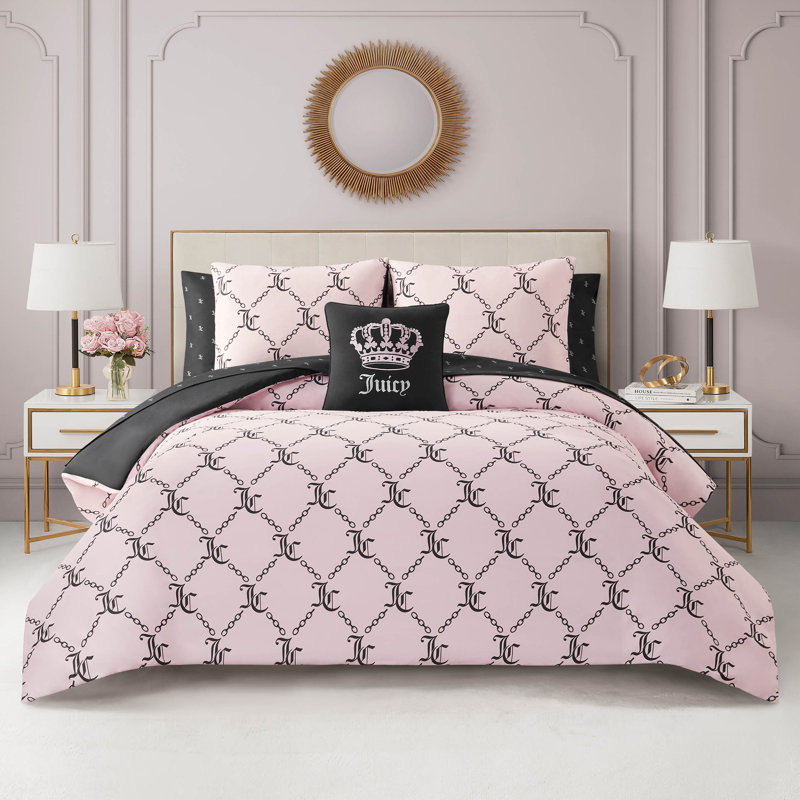 Juicy Couture Link Printed Bed-in-a-Bag Comforter Set, Full Comforter + 7 Additional Pieces, Light Pink/Black