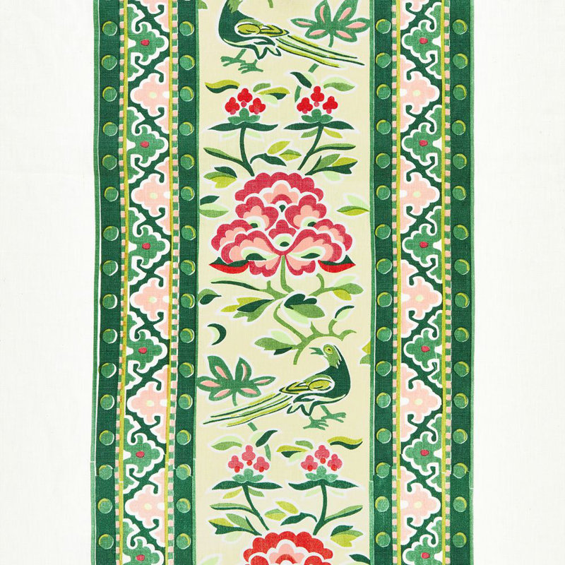 Chinois Chic Royal Peony Linen Print Fabric, Spring Green