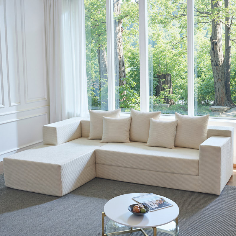 106.5" Convertible L-Shaped Sectional Sofa Bed, 4-In-1 Corduroy Floor Couch, High-Resilience Foam, 1300LBS Capacity, Cream White