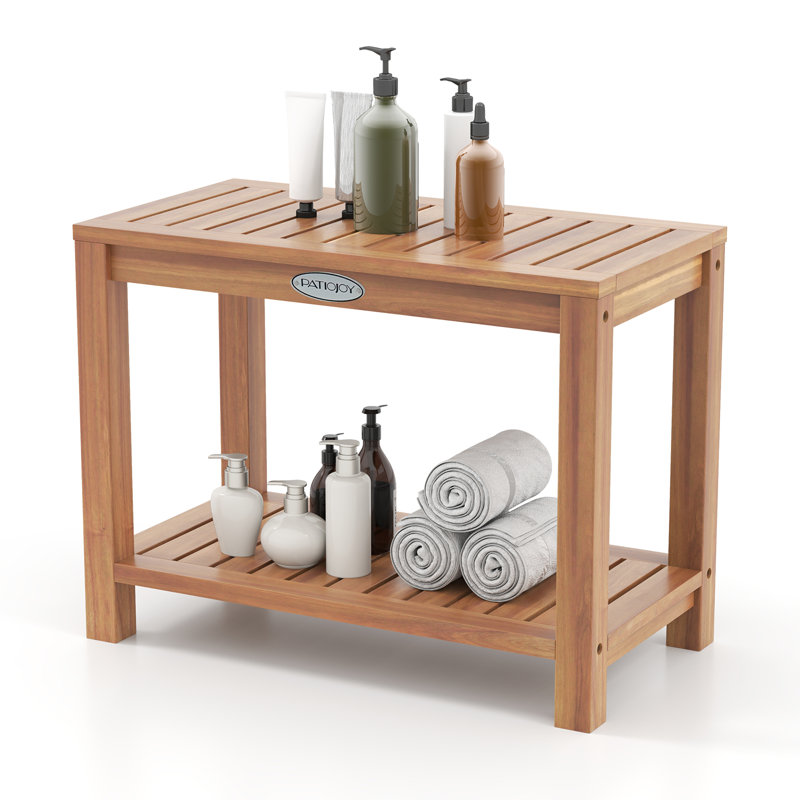 Teak Wood Shower Bench Inside Shower Stool w/ Storage Shelf for Adults, 18" H x 24" W x 12.5" D
