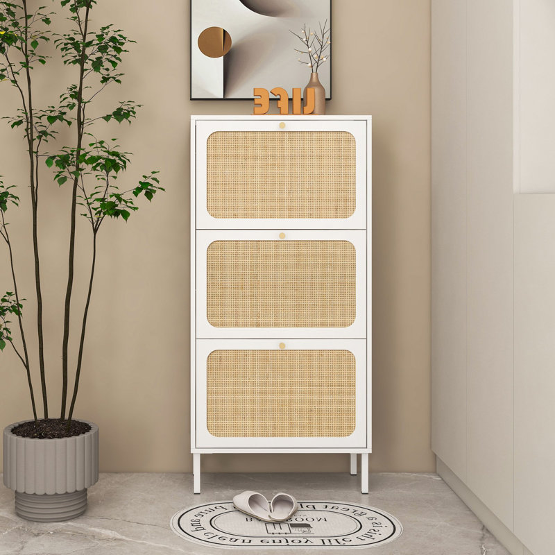Shoe Cabinet Storage for Entryway Rattan with 6 Flip Drawers Hidden Shoe Rack Cabinet, White Wood