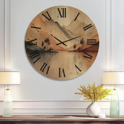 Oversized Nature Round Wood Wall Clock – Watercolor River Drift Mountains