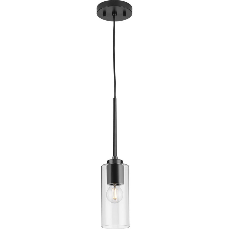 Luminaire suspendu cylindrique à 1 lumière Cortny, Transparent, Noir mat