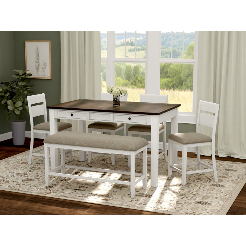 6-Piece Gathering Height Dining Set in Brown and White with Storage Drawers