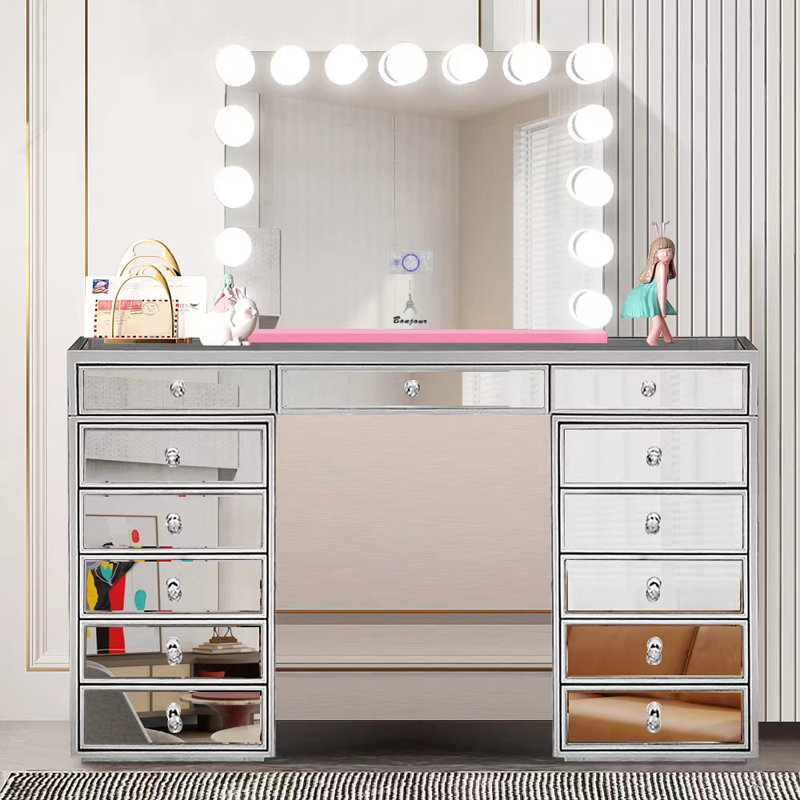 Ensemble coiffeuse Hollywood avec miroir, Rose, H 27 x l 31,5