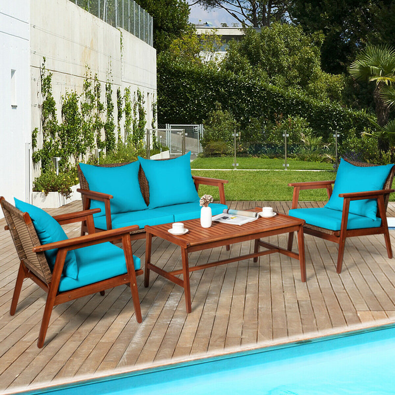 Ensemble de conversation avec canapé et coussins 8 pièces, Turquoise, Naturel