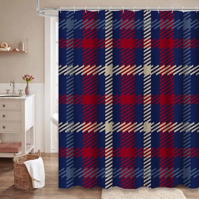 Seamless Scottish Tartan Red Beige Navy Shower Curtain with 12 Hooks