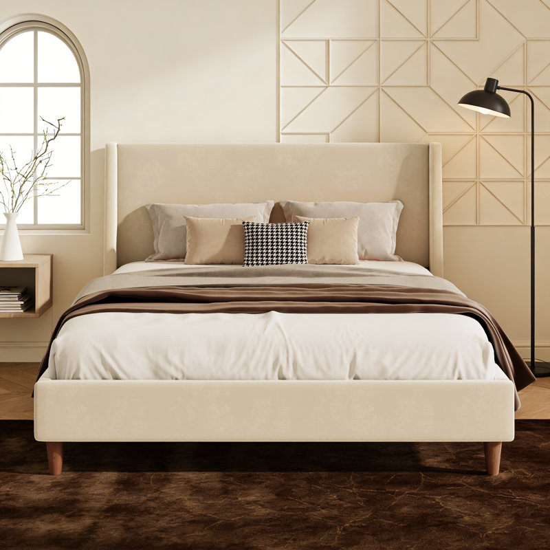 Upholstered Platform Bed with Wingback Headboard, Velvet Bed Frame with Tall Legs and Underbed Storage, Weight Capacity 500 lbs, No Box Spring Needed, Beige, Queen