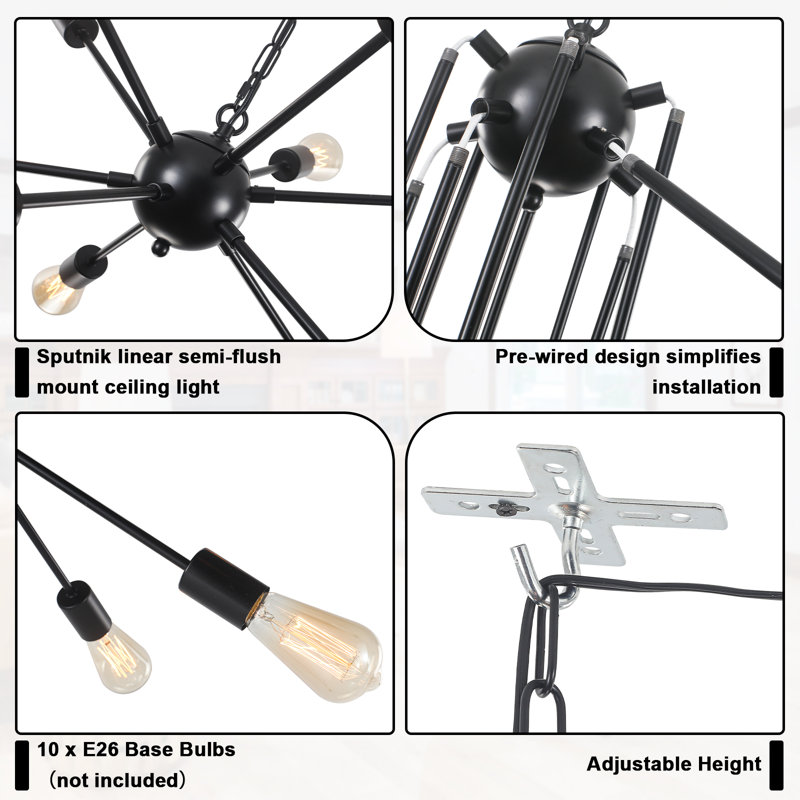 10-Light Black Dimmable Sputnik Chandelier with Plug-In Cord & Switch, Ideal for Living Room, Dining & Entryway