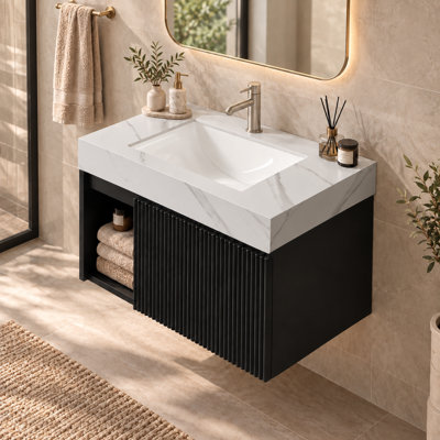 Meuble-lavabo mural de 76 cm (30 po) avec comptoir en pierre frittée gris Carrara et lavabo encastré en céramique, armoire flottante en contreplaqué avec porte cannelée et tablette ouverte, noir