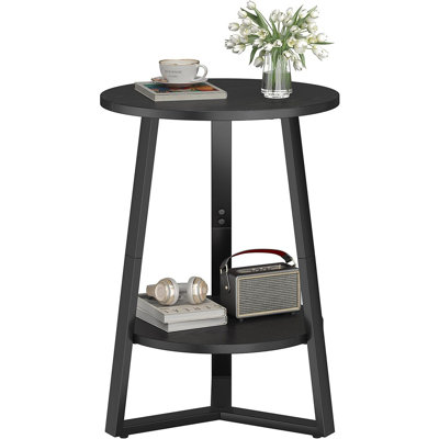 2-Tier Side Table With Storage Shelf, Round Coffee Table With Wooden Top And Metal Frame, Small Accent Nightstand/Couch Table For Bedroom Or Living Room, Black Finish