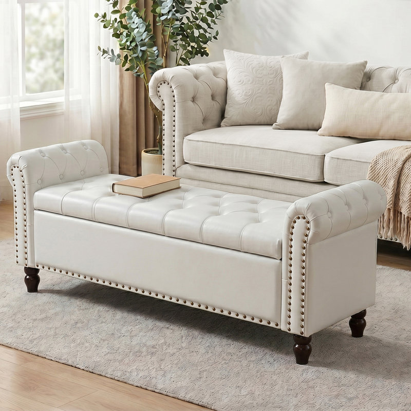 Banc de chambre à coucher avec rangement, Blanc, H 22 po x l 55,7 po x P 18 po
