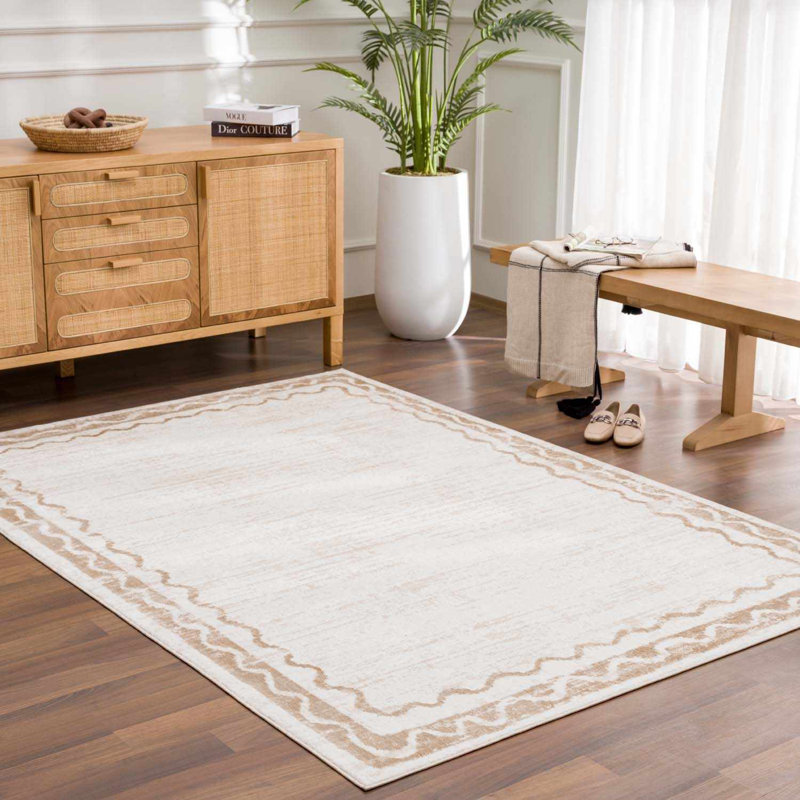 Tapis beige à bordure géométrique moderne lavable à la machine Luders, Rectangle 6 pi 7 po x 9 pi