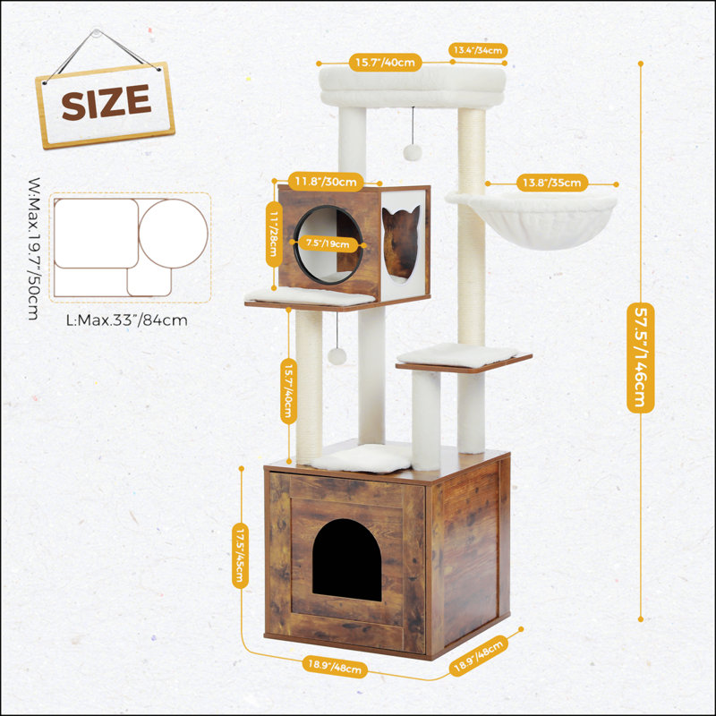 57.5" Brown Wooden Cat Tree with Litter Box Enclosure