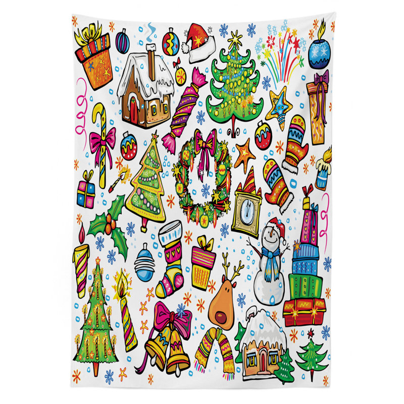 Xmas Elements with Candies Snowman Fir Sweets Celebration Kids Nursery Theme Tablecloth, 90" x 60"