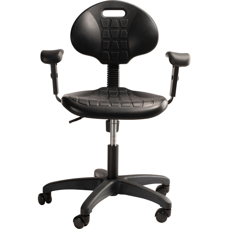 Backed Adjustable Height Ergonomic Industrial Stool with Footring and Wheels, 16"-21"