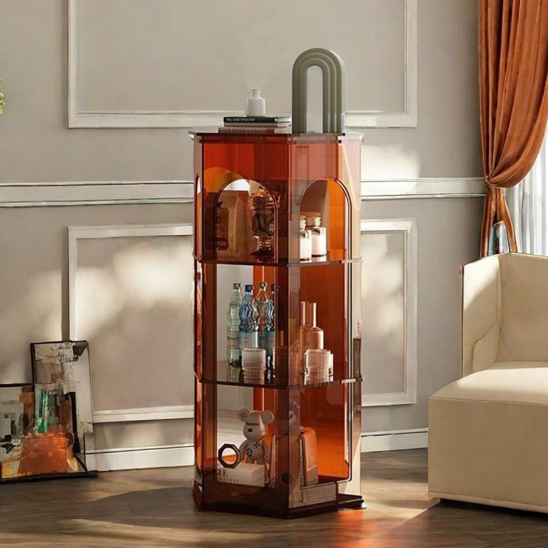 Modern simple semi-circle acrylic accent cabinet, Amber Brown, (3 Shelves) 45.28"H x 22.2"W x 19.23"D