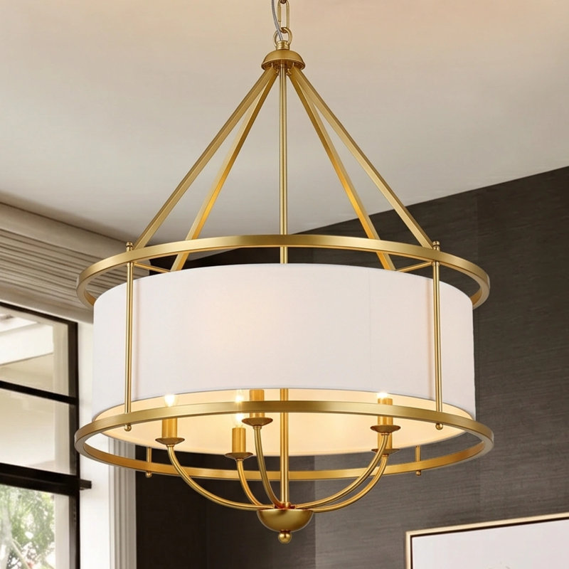 24 Inch Modern Drum Pendant Light With Adjustable Chain, Fabric Chandelier