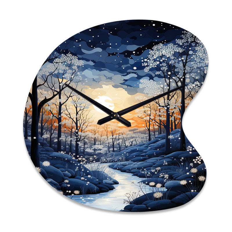 Forest Winter Blue Monochrome - Forest Asymmetrical Metal Wall Clock, Blue Unique Shape Metal Clock Print, Large