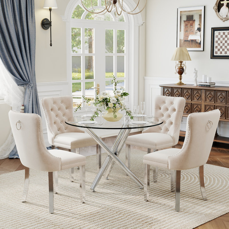 Ensemble de salle à manger à piédestal rond 5 pièces avec chaise capitonnée en velours pour salle à manger et salon, Beige