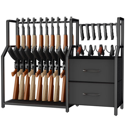 Support à armes à feu 4 en 1 pour l'intérieur - peut contenir 10 fusils et 4 armes de poing, 7 fentes pour magazines et 2 tiroirs, un rembourrage en feutre et en caoutchouc, un support de rangement pour armes à feu et un présentoir, un organisateur de matériel tactique, du métal noir résistant à la rouille
