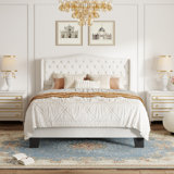 Upholstered Platform Bed Frame with Tufted Nailhead Trim Wingback Headboard