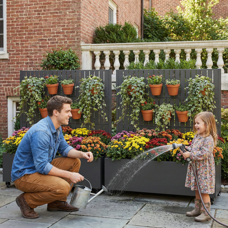 Boîte à fleurs en métal avec treillis et roues, H 47 po x l 47 po x P 16 po, Noir