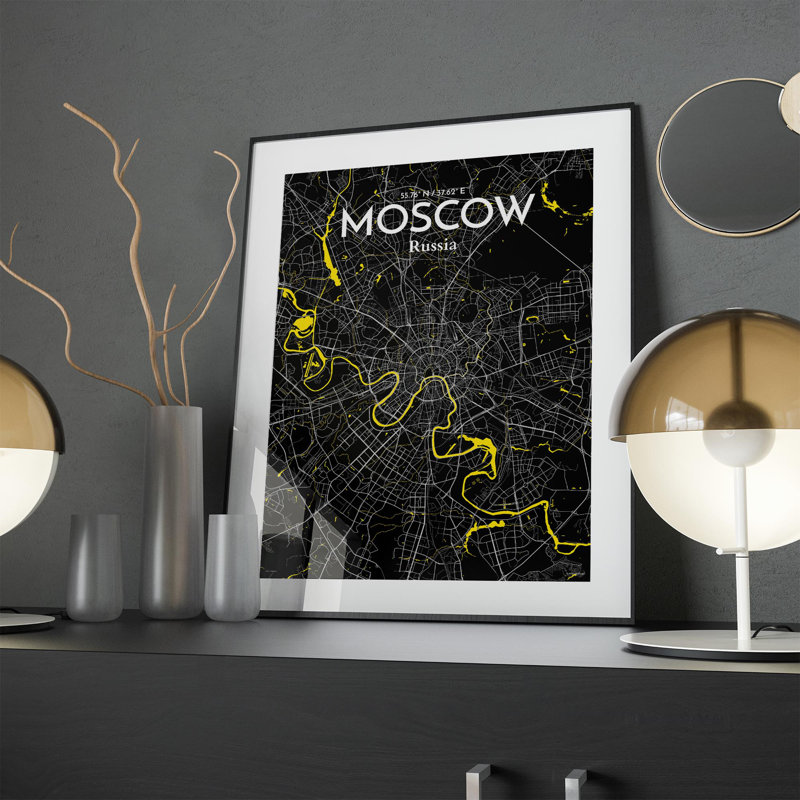«Moscow City Map», impression, H 24 po x l 18 po, Noir / Jaune