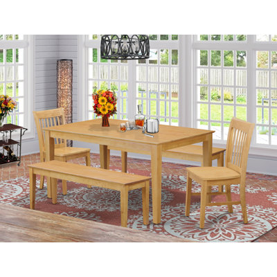6 Piece Kitchen Table & Chairs Set Contains a Rectangle Dining Room Table and 4 Linen Fabric Dining Chairs with a Bench, 36x60 Inch, Oak