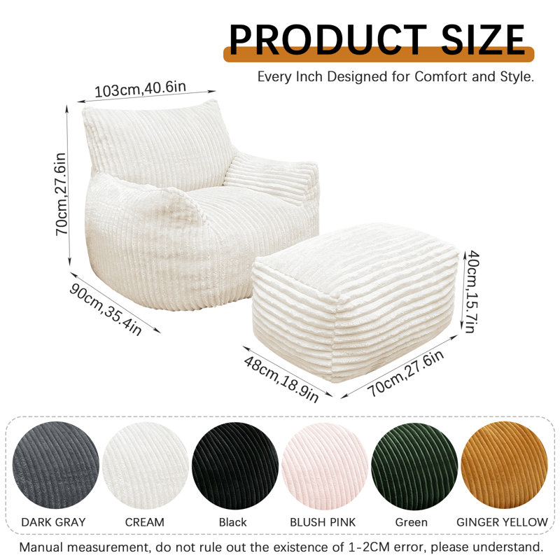 Canapé avec repose-pieds Corduroy Lazy, Blanc