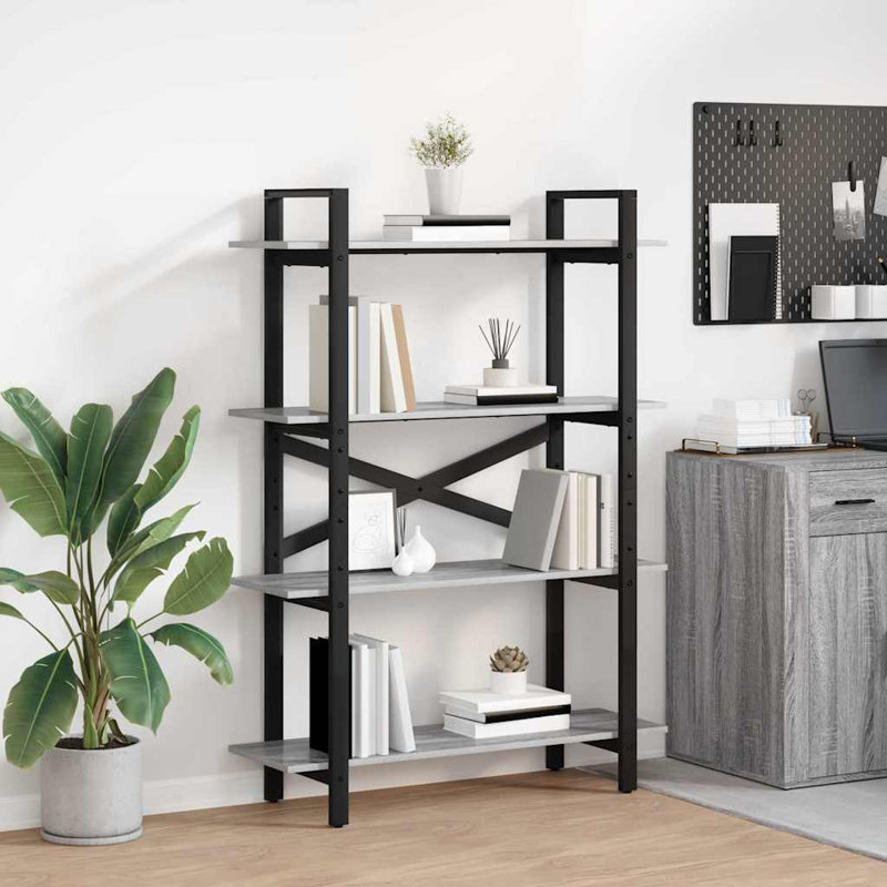 100 cm W Steel Etagere Bookcase, (4 Shelves) 140cm. H x 100cm. W x 33.5cm. D, Grey Sonoma