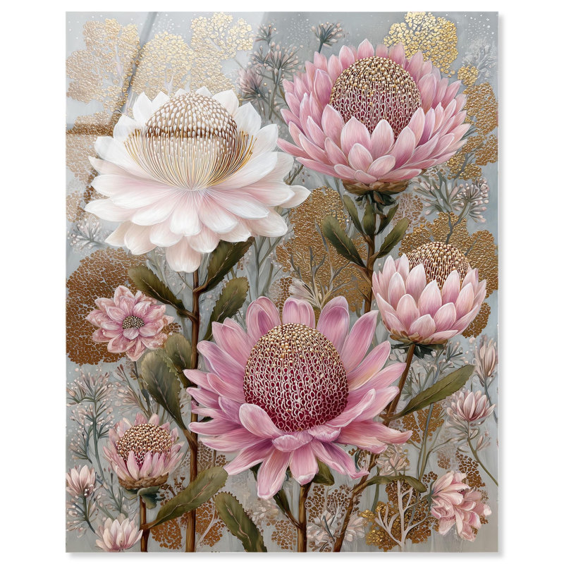 Décoration murale imprimée en acrylique Golden Proteas I par Art Remedy, prête à être accrochée, 24 x 30, H 30 po x l 24 po