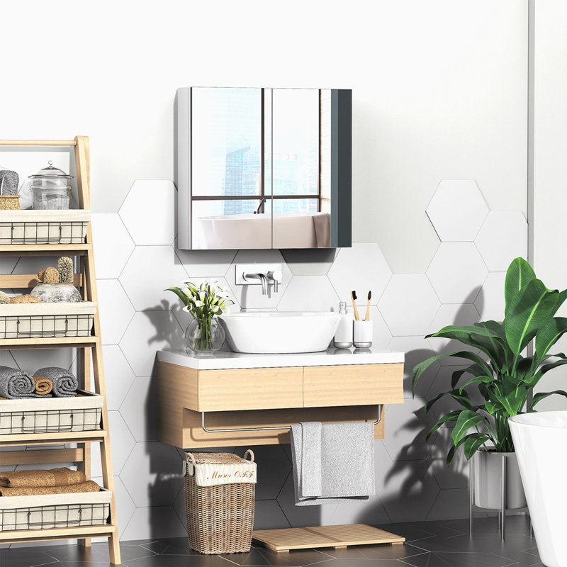 Armoire de salle de bain à miroir, armoire à pharmacie à cadre en acier 24 po x 22 po, rangement mural avec portes doubles