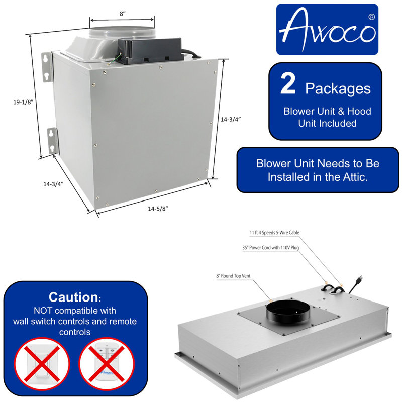 Hotte intégrée à conduit 1000 (ventilé) 36 po Awoco avec filtre en maille et lumière incluse en acier inoxydable
