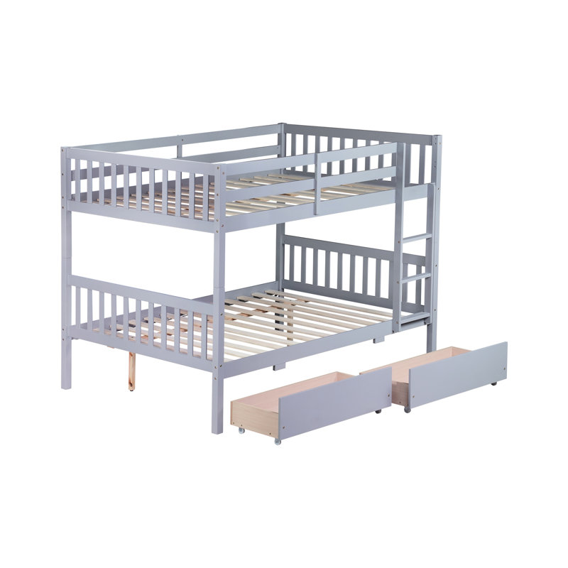 Lit superposé double au-dessus avec 2 tiroirs - Bois d'hévéa gris pour une chambre calme et lits amovibles avec cadre de rangement