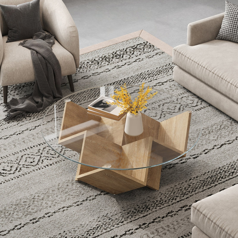 Table basse 35,4 "ronde en verre avec base de rangement géométrique Art Déco, Transparent / Natural