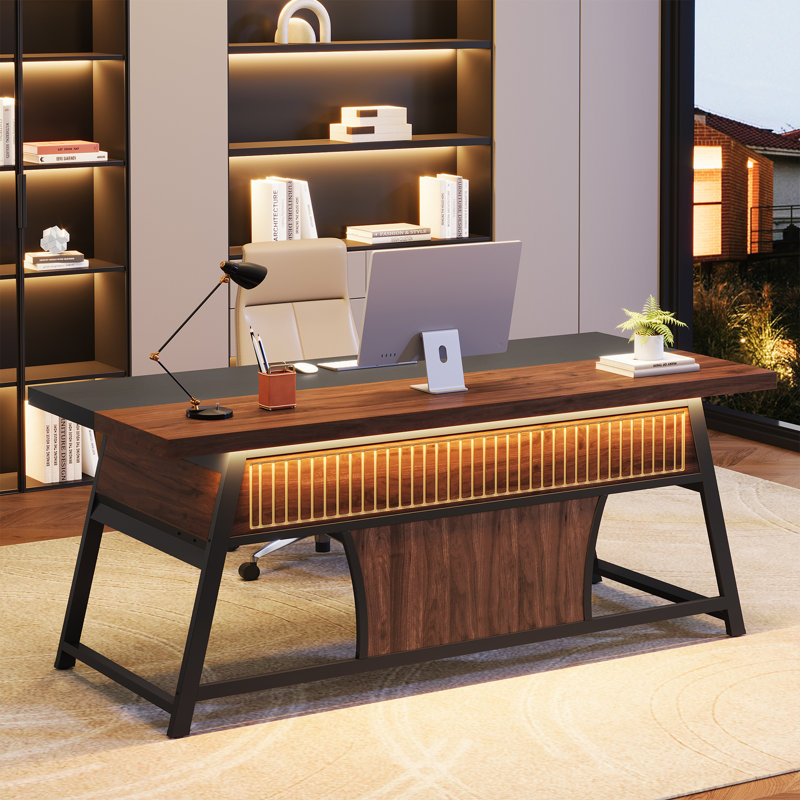 63 Inch Executive Office Desk, Walnut/Black