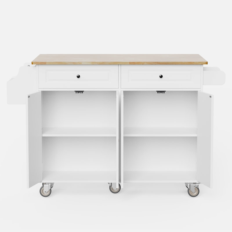 Chariot pour îlot de cuisine en bois massif avec abattant, 2 tiroirs, 2 armoires de rangement, roulettes verrouillables, support à épices et porte-serviettes