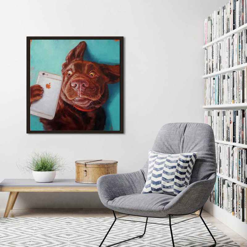 «Dog Selfie» par Lucia Heffernan - Peinture, Cadre flottant espresso, H 39,5 po x l 39,5 po x P 2 po