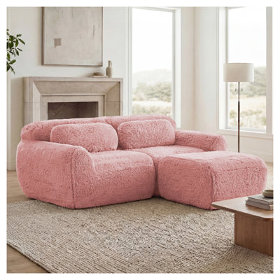 Canapé modulaire en forme de L rose avec repose-pieds et canapé modulaire moelleux à 2 places sans assemblage requis pour les espaces de vie et de chambre à coucher