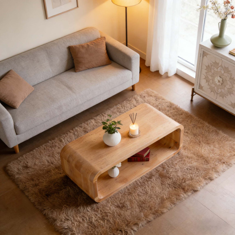 Table basse élégante ouverte à structure ouverte en bois clair avec rangement ouvert, Bois