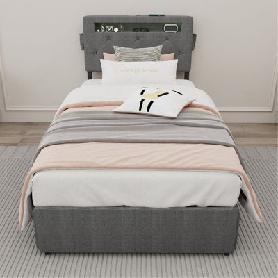 Bed Frame With USB Charging Station & LED Lights, Bed Frame With Headboard & 4 Storage Drawers